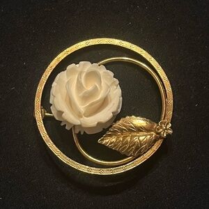 Vintage Gold Tone Rose Wreath Brooch with Molded White Rose Winard 12k GF